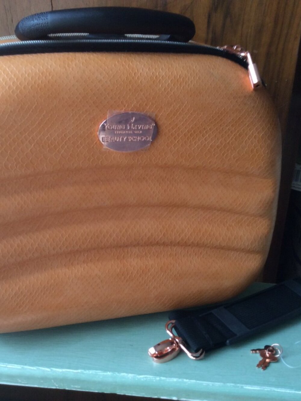 Young Living Beauty School Hard Case Travel Bag, Camel Color Faux Snake Skin.